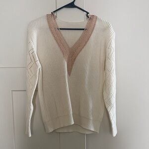 Cream V-Neck Sweater with Beige Trim - Women